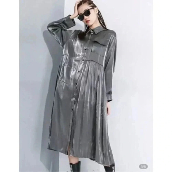Black Pleated SplitDress New Lapel Long Sleeve Loose Fit Fashion Tide Spring - Picture 2 of 7